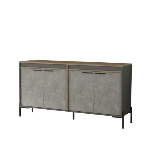 Buffet Moderne 4 Portes Décor Bois Foncé, Béton Et Gris Jena