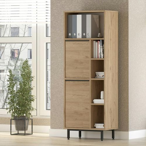 Meuble Rangement Bureau Décor Bois 2 Portes 4 Niches Jena