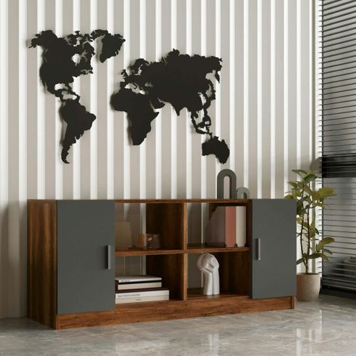 Meuble TV Rétro Chic Décor Bois Foncé 2 Portes Grises Marfa