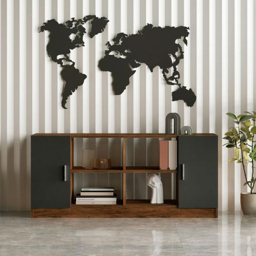 Meuble TV Rétro Chic Décor Bois Foncé 2 Portes Grises Marfa