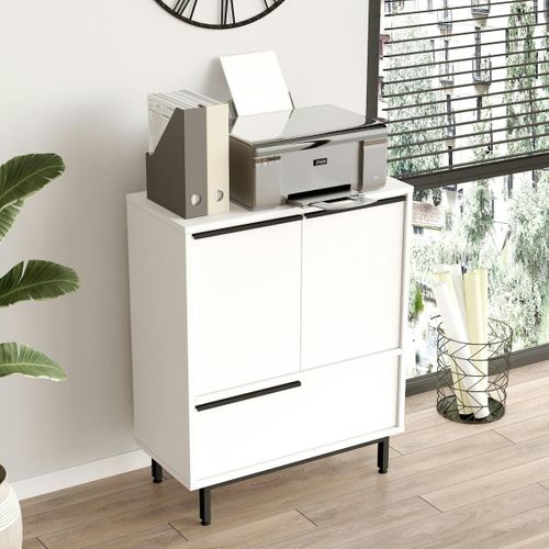 Meuble Rangement Bureau Blanc 3 Portes Poignées Noires Jena