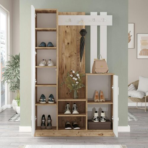 Vestiaire D’entrée 2 Portes Blanc Et Décor Bois Marfa