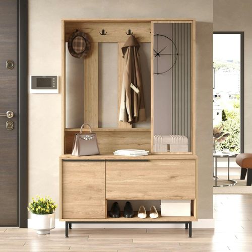 Vestiaire D'entrée Scandinave 5 Patères Rangements Bas Jena