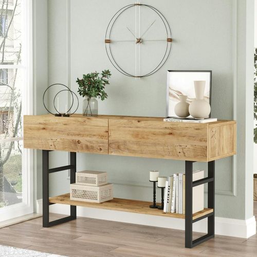 Console Rustique Chic Décor Bois Clair 2 Tiroirs Jena