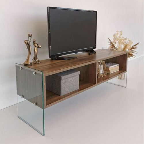 Meuble TV Design Montants Verre Et Décor Noyer Salta