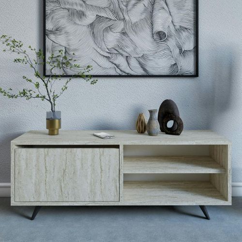 Meuble TV Design Décor Travertin 1 Porte 2 Niches Umea