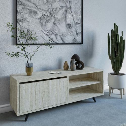 Meuble TV Design Décor Travertin 1 Porte 2 Niches Umea