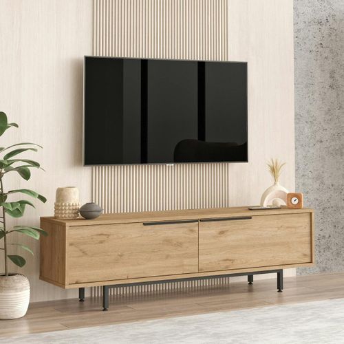 Meuble TV Décor Bois Avec Rangement Pieds Métal Noir Jena