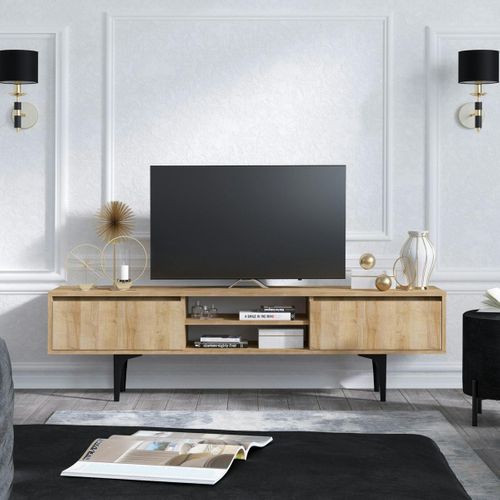 Meuble TV Scandinave Décor Bois 2 Tiroirs Coulissants Umea