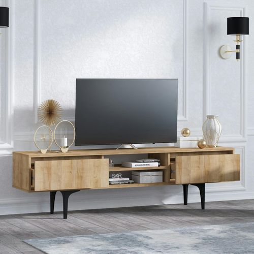 Meuble TV Scandinave Décor Bois 2 Tiroirs Coulissants Umea