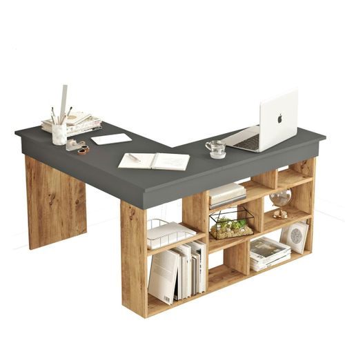 Bureau D'angle Gris Décor Bois à Niches De Rangement Marfa