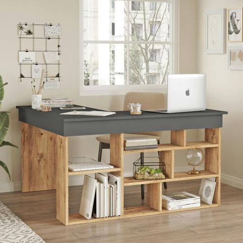 Bureau D'angle Gris Décor Bois à Niches De Rangement Marfa