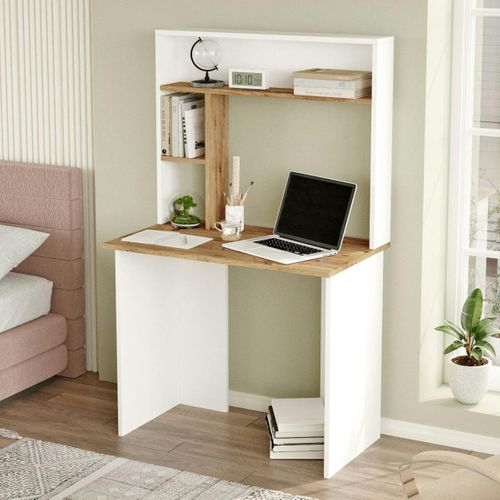 Bureau Ado Blanc Décor Bois Avec Rangement Haut Marfa