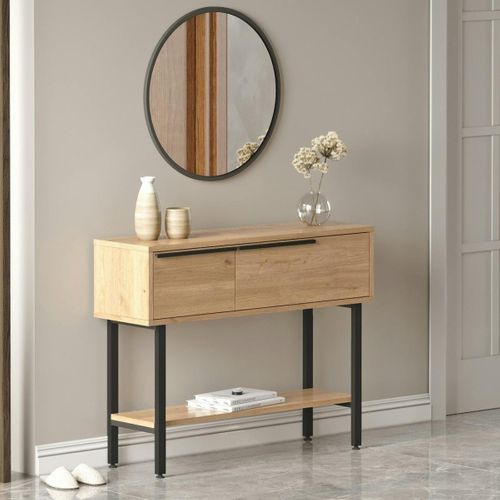 Console D'entrée Rangement 2 Portes Décor Bois Et Miroir Jena