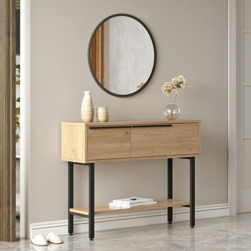 Console D'entrée Rangement 2 Portes Décor Bois Et Miroir Jena