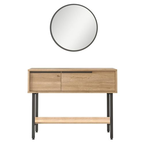 Console D'entrée Rangement 2 Portes Décor Bois Et Miroir Jena