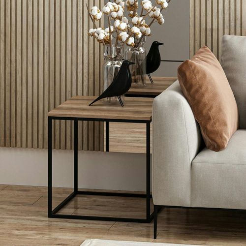 Table D'appoint Carrée Décor Bois Noyer Structure Métal Jena