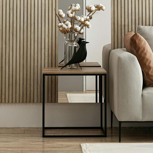 Table D'appoint Carrée Décor Bois Noyer Structure Métal Jena