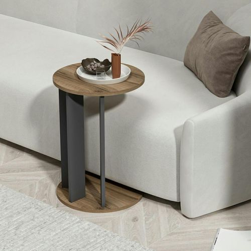 Bout De Canapé Rond Décor Bois Foncé Pied Métal Marfa