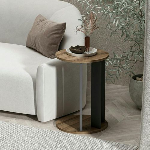 Bout De Canapé Rond Décor Bois Foncé Pied Métal Marfa