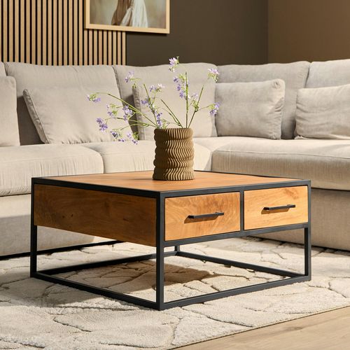 Table Basse Carrée En Bois Clair 4 Tiroirs Rivano