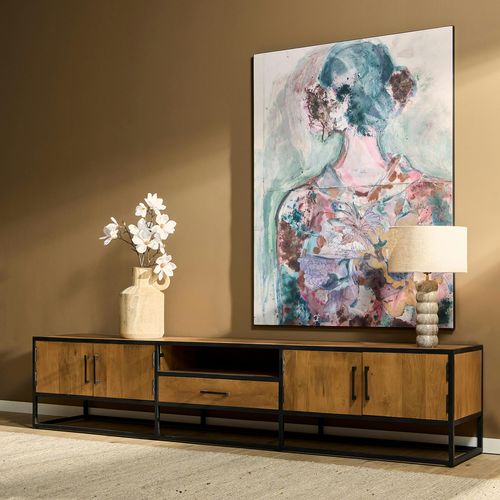 Banc TV 4 Portes Bois Clair Métal Noir 240 Cm Rivano