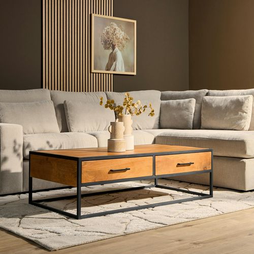 Table Basse Rectangulaire Bois Clair 2 Tiroirs Rivano