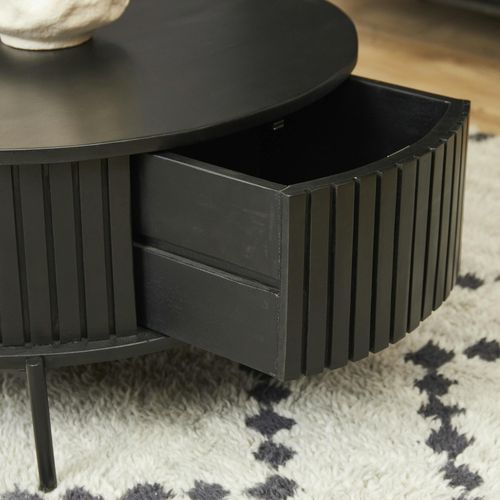 Table Basse Ronde Noire En Bois Rainuré 2 Tiroirs Cortina