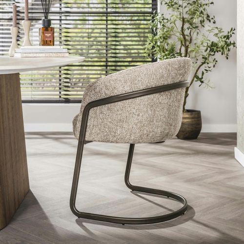 Fauteuil De Table Beige Chenille Pied Luge Bronze (lot De 2) Ascoli