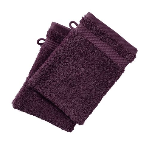 Lot De 2 Gant De Toilette 15x21 Violet Aubergine En Coton 500 G/m²