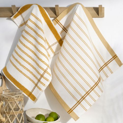 Lot De 2 Lot Torchons + Essuie-mains 50x70 Jaune Ocre En Coton