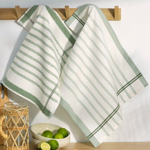 Lot De 2 Lot Torchons + Essuie-mains 50x70 Vert Amande En Coton