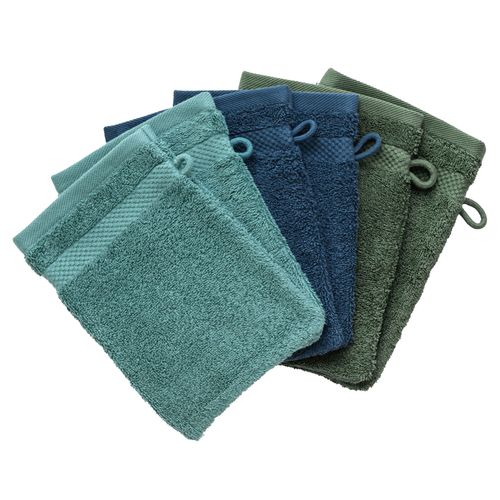 Lot De 6 Gant De Toilette 15x21 Bleu Vert En Coton 500 G/m²