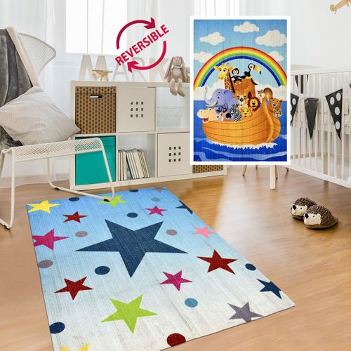 Tapis Enfant, Kilim Reversible 60x110 Fait à La Main Etoile Multicolore