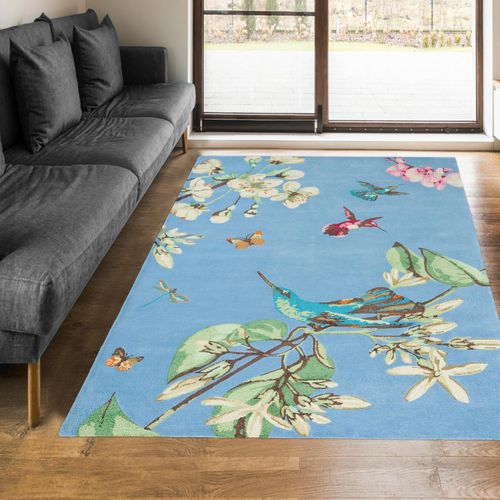 Tapis Salon 170x240 Fait à La Main En Laine Bleu Et Rouge Motif Floral