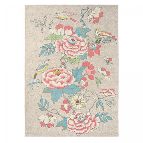 Tapis Salon 200x280 Fait à La Main En Laine Beige Et Corail Motif Floral