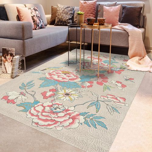 Tapis Salon 200x280 Fait à La Main En Laine Beige Et Corail Motif Floral