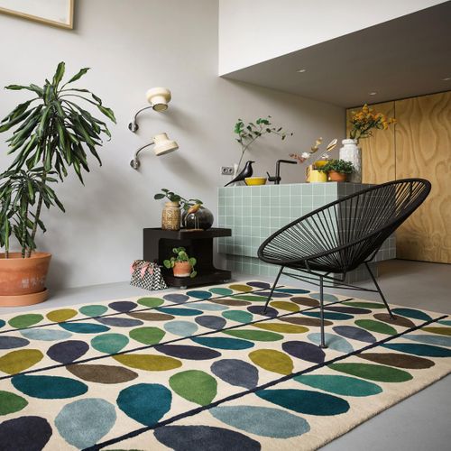 Tapis Salon 200x280 Fait à La Main En Laine Crème Et Vert Motif Seventies