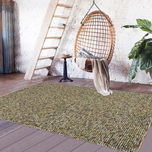 Tapis Entrée 140x200 Tissé En Laine Vert Et Beige Rectangle Motif Faux Uni