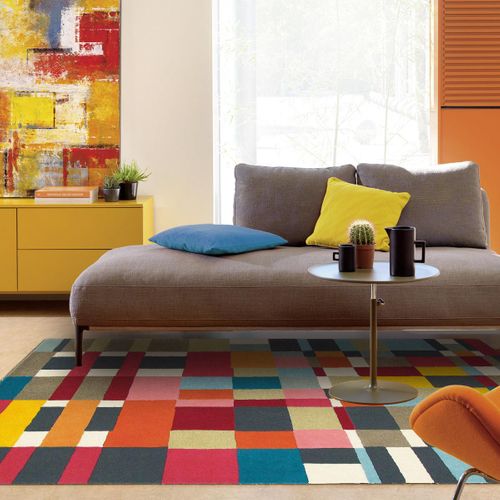 Tapis Salon 200x280 Tissé En Laine Rouge Et Jaune Rectangle Motif Géométrique