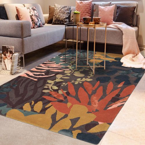 Tapis Entrée 140x200 Tissé En Laine Noir Et Orange Rectangle Motif Floral
