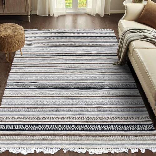 Tapis Kilim 200x290 Rectangle Fait à La Main En Laine Beige Et Marron