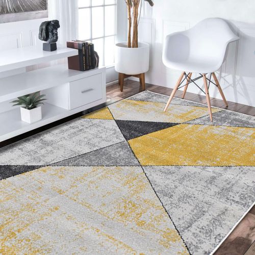 Tapis Salon 200x280 Tissé Jaune Et Gris Rectangle Motif Géométrique Rosaline