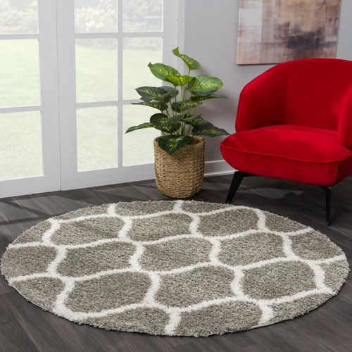 Tapis Longs Poils Shaggy D.150cm Rond Tissé Gris Motif Scandinave Sg Madrid