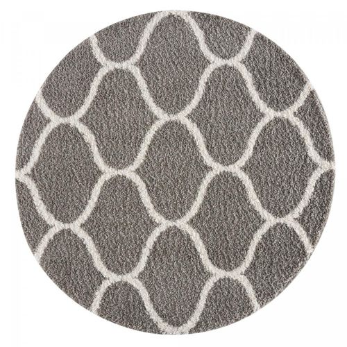 Tapis Longs Poils Shaggy D.150cm Rond Tissé Gris Motif Scandinave Sg Madrid
