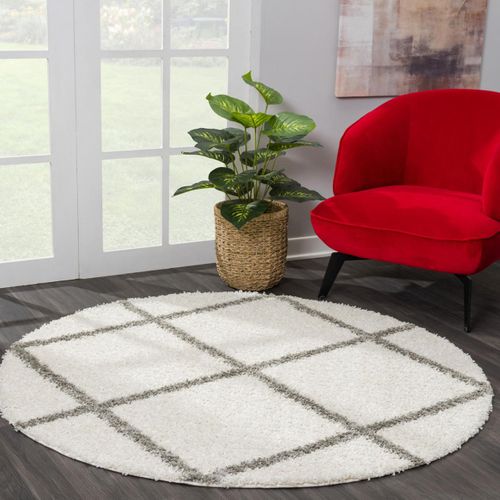 Tapis Longs Poils Shaggy D.200cm Rond Tissé Crème Motif Scandinave Sg Madrag