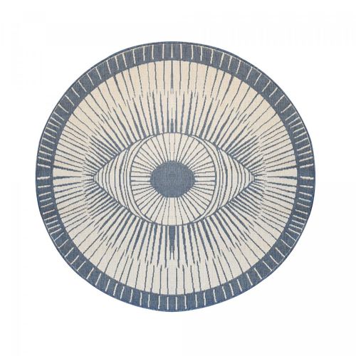 Tapis Rond D'extérieur, Kilim Reversible Ø160cm Lyn2 B Rond Reversible Bleu Et Crème