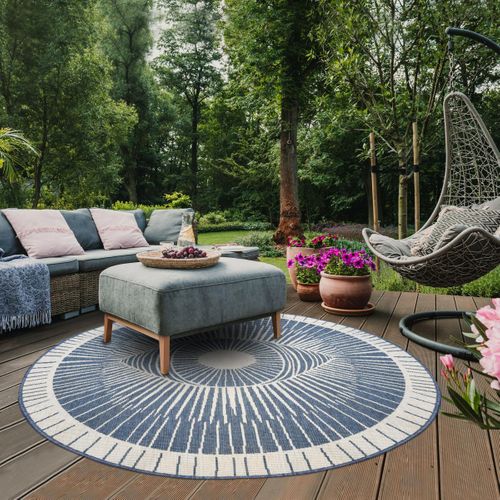 Tapis Rond D'extérieur, Kilim Reversible Ø160cm Lyn2 B Rond Reversible Bleu Et Crème