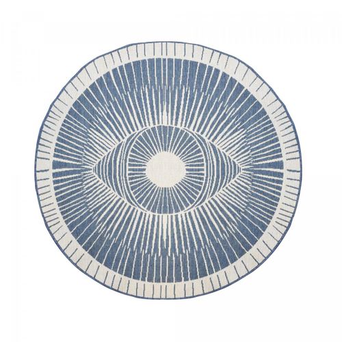 Tapis Rond D'extérieur, Kilim Reversible Ø160cm Lyn2 B Rond Reversible Bleu Et Crème