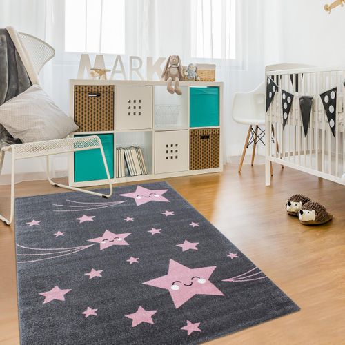 Tapis Enfant 80x150 Rectangle Tissé Rose Et Gris Kid Stars